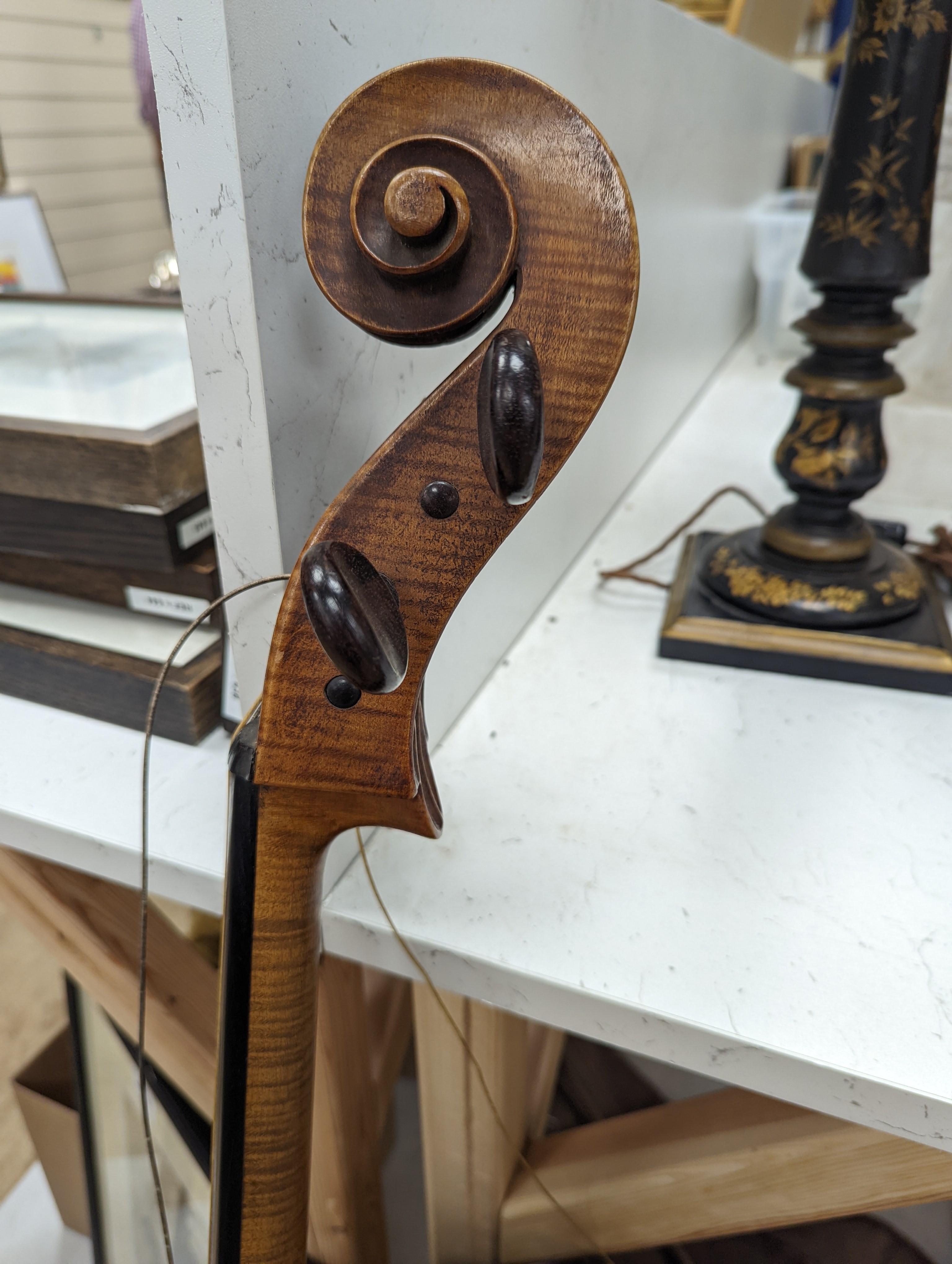 A late 19th century French cello, lob 75.5cm, canvas case with bow